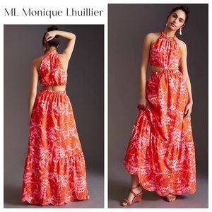 ML Monique Lhuillier Cut-Out Eyelet Lace Halter Gown